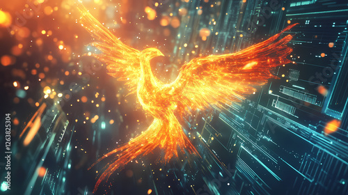 Glowing cybernetic phoenix soaring through digital realm of innovation. Cybernetic Phoenixes. Illustration