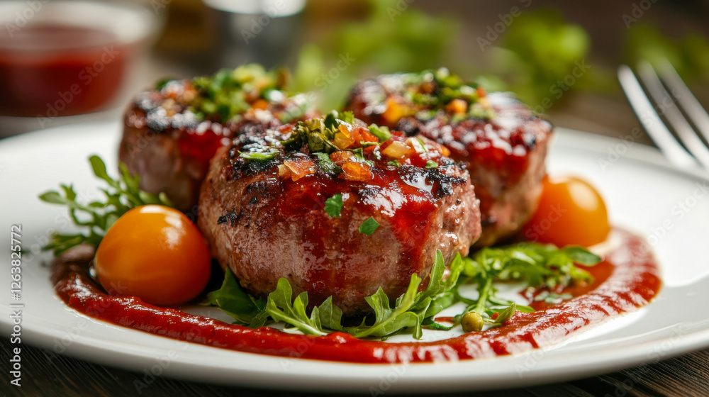Gourmet Meat Medallions with Cherry Tomatoes on a White Plate Gourmet Meat Medallions with Cherry Tomatoes on a White Plate