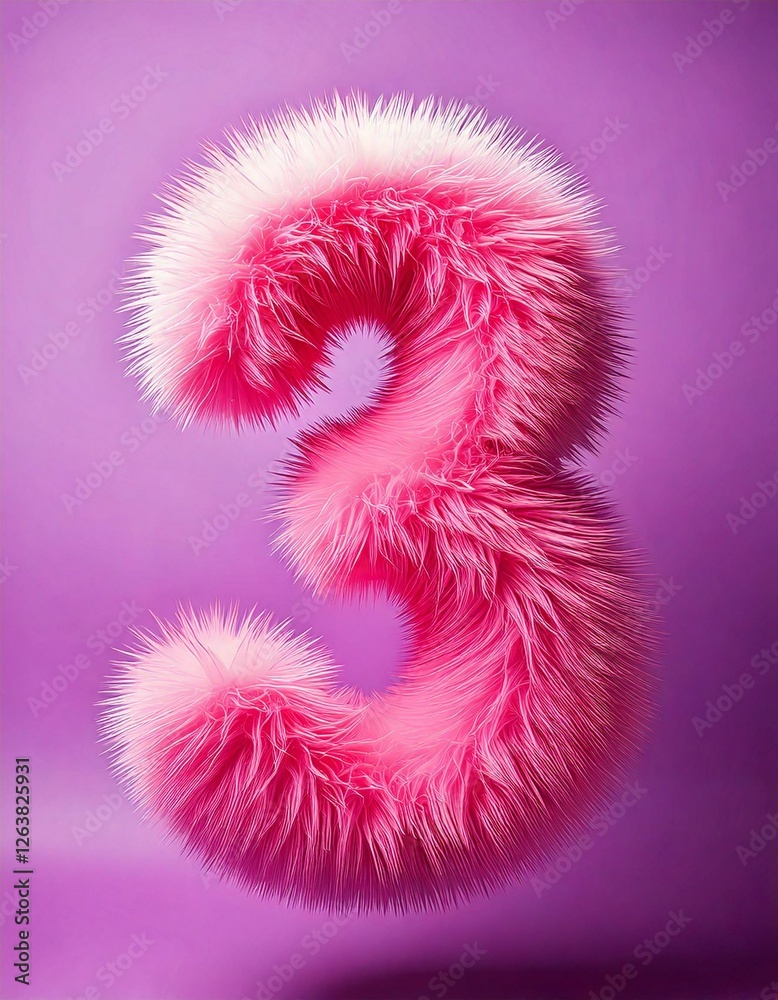 Fuzzy Pink Number 3 on Vibrant Purple Background Fuzzy Pink Number 3 on Vibrant Purple Background