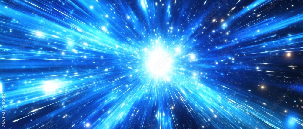 Abstract blue hyperspace jump with bright light and particles Concept of speed, science fiction, space travel, and futuristic technology Abstract blue hyperspace jump with bright light and particles Concept of speed, science fiction, space travel, and futuristic technology