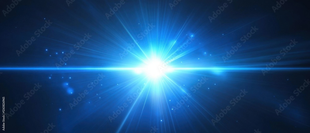 Bright blue light flare or sunburst effect on dark background with glowing particles Abstract cosmic background for science, technology, or futuristic designs Concept of energy, power, and innovation