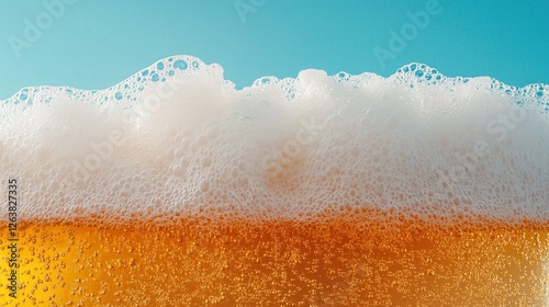 Bubbly beer with frothy head against clear blue sky inviting summer enjoyment and relaxation outdoors