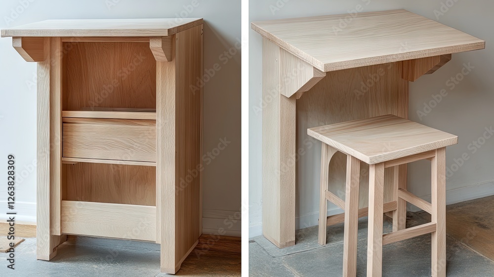 Fototapeta premium A hidden pull-out workstation inside a stylish wooden cabinet.