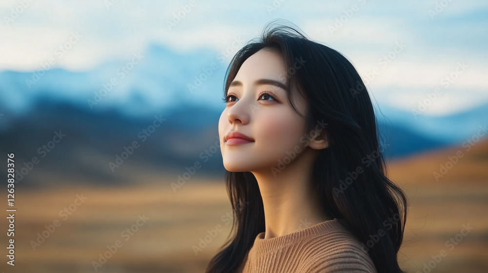 woman gazes thoughtfully at mountains, embodying serenity and beauty. woman gazes thoughtfully at mountains, embodying serenity and beauty.