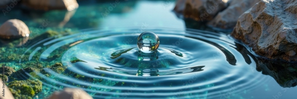 Crystal clear water drop with circular ripples on a rocky surface , serene scenery, rocky surface, water ripple Crystal clear water drop with circular ripples on a rocky surface , serene scenery, rocky surface, water ripple