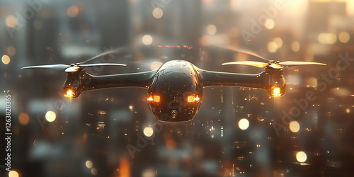 Drone with Propellers Highlighted by a Hazy Light photo