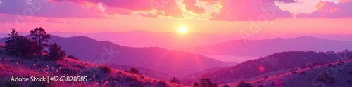 Pastel pink sunset casting a warm light on hills, , pastel