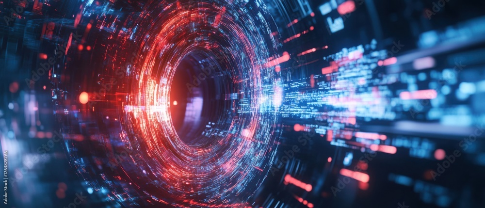 Obraz premium Futuristic data stream tunnel with binary code and swirling red and blue lights Concept of technology, cyberspace, big data, and digital information flow