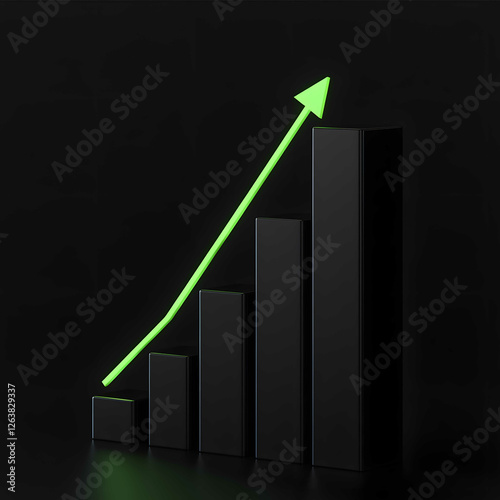 A black ascending bar graph divided into 5 levels and 10 columns with a thin neon green arrow starting at 0 reaching the 3rd level continuing one column forwar photo