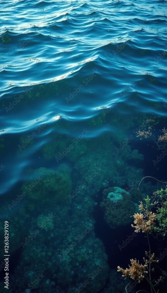 Fototapeta premium Dark blue ocean surface with ripples and seaweed, seaweed, ocean depth, water surface