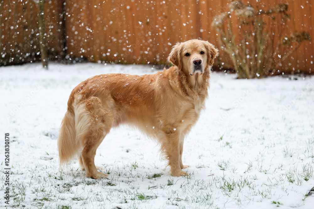 Pretty golden retriever dog stands outside in the snow. Pretty golden retriever dog stands outside in the snow.