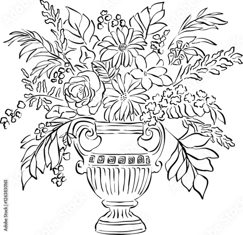 Boceto de flores en jarrón. Ramo de flores decorativas. Ilustración vectorial de flores para invitaciones, papelería o branding. Arte minimalista 