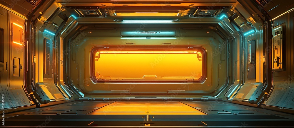 Obraz premium Futuristic interior of a sci-fi space station with glowing lights and an orange backdrop