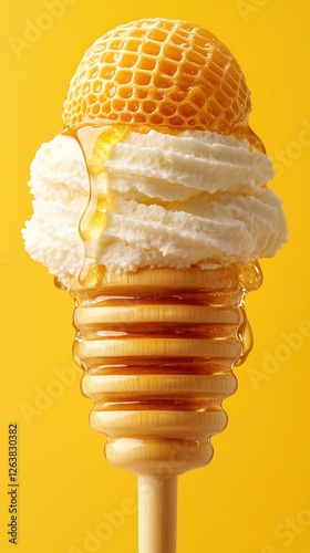 Creamy vanilla ice cream topped with honey and a honeycomb on a wooden stick against a bright yellow background photo