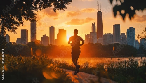 Runner Silhouetted Against Chicago Skyline at Sunrise