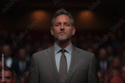 A serious individual stands confidently before a congressional panel addressing significant defense corruption issues, amidst an attentive audience photo