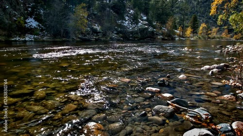 The video of river water flowing over small rocks surrounded by lush trees under the sunlight