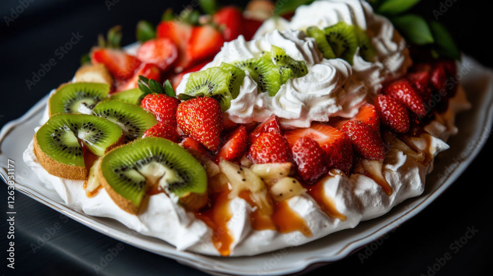 Delicious pavlova topped with fresh fruits and whipped cream Delicious pavlova topped with fresh fruits and whipped cream