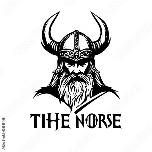 Black White Man with Beard Mustache Wearing Viking Helmet Drawing for Ancient Norse Nordic Warrior Knight Face illustration logo design