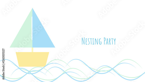 Nesting party banner honor of expectant parents. Boat on waves. Website poster design in pastel colors. Vector illustration.