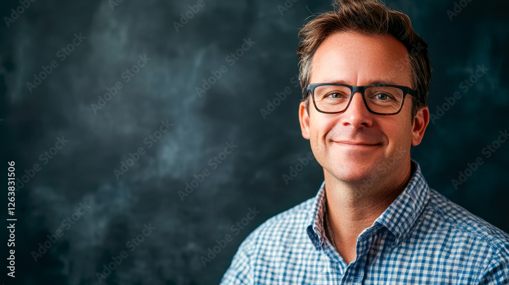 Fototapeta premium Smiling man wearing glasses and blue checked shirt with copy space