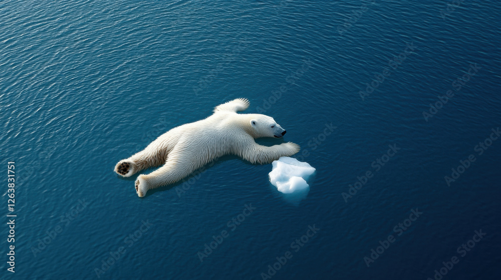 Naklejka premium polar bear floating on water, resting on small ice floe, evokes sense of vulnerability