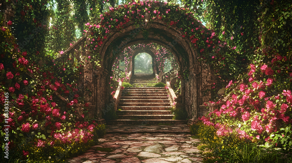 Fototapeta premium Rose archway garden path, stairs, fantasy landscape, dreamy background, romantic setting