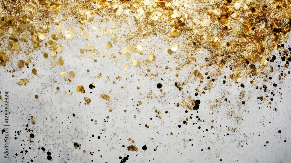 Festive golden confetti on white surface for party. Festive golden confetti on white surface for party.