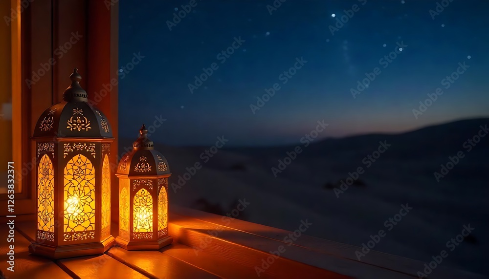 Illuminating ramadan lanterns wooden balcony decorative display evening serenity cozy atmosphere
