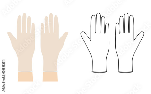 Nitrile cleaning protective Gloves on hands Fashion accessory clothing technical illustration garment. Dish wash Vector front palm back view for Men, women, unisex flat template mockup cartoon style