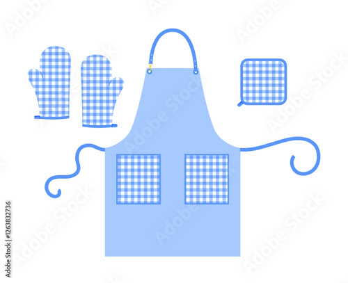 Set of Aprons, Oven Gloves and potholder kitchen blue cartoon flat accessory clothing technical illustration garment. Vector for Men, women style template CAD mockup on white background