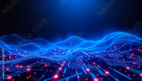 Digital landscape showcase virtual realm visual art neon environment aerial view glowing dark blue circuitry