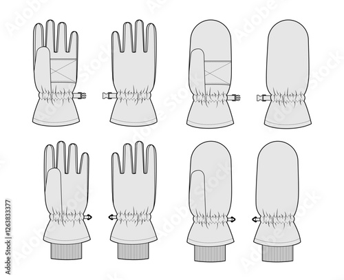 Set of Ski Gloves Igloos and Mittens Insulated Core Fashion hand accessory clothing technical illustration garment. Vector for Men, women, unisex style flat template CAD mockup sketch outline on white