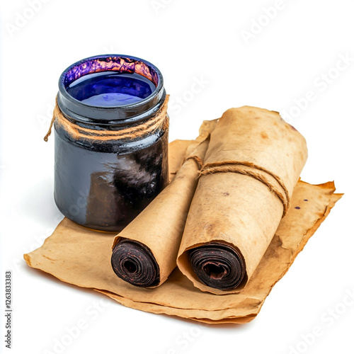 Vibrant ink pot with stunning quil and old paper isolated on white background