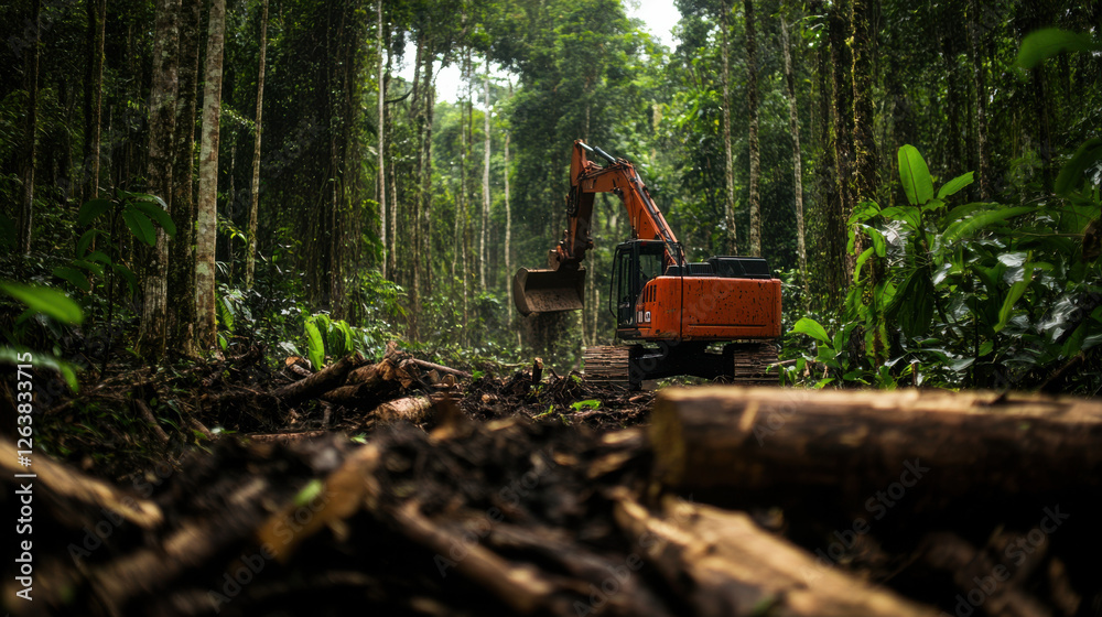Logging machine in forest clearing trees and debris