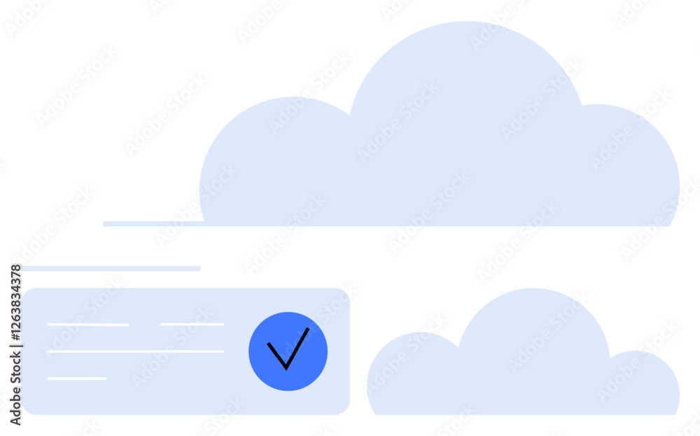 Clouds in background and a checkmark inside a circle overlayed on a rectangular element. Ideal for technology, cloud services, data storage, digital security, task completion, remote access, online Clouds in background and a checkmark inside a circle overlayed on a rectangular element. Ideal for technology, cloud services, data storage, digital security, task completion, remote access, online