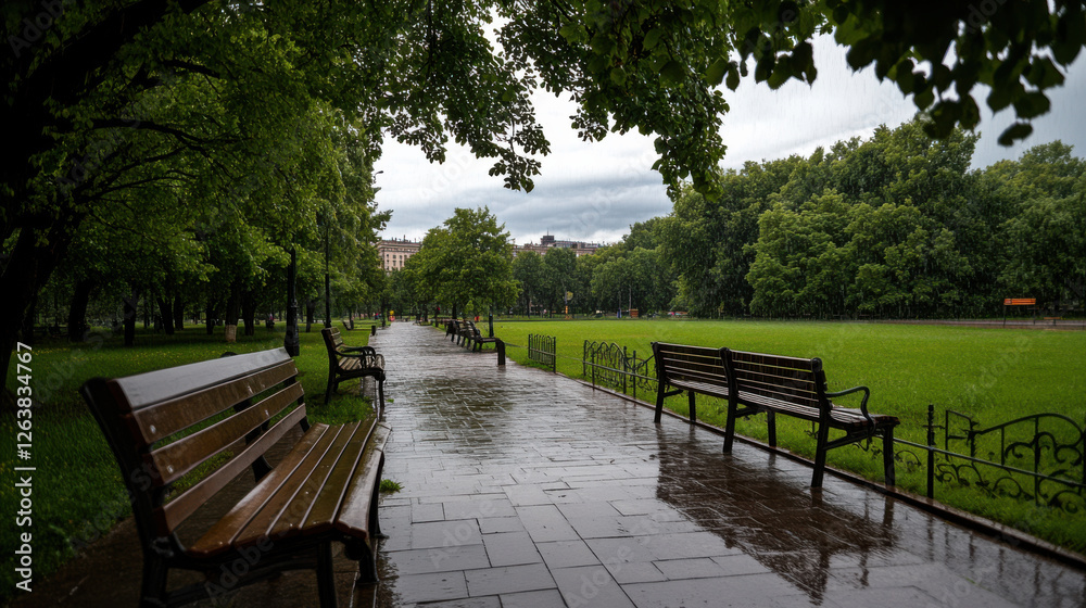 rainy day in city park with wet benches and paths