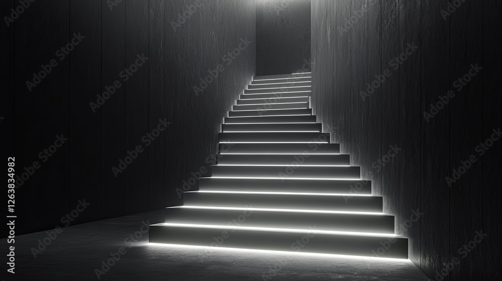 Light illuminates a modern staircase leading to an open doorway in a dark corridor Light illuminates a modern staircase leading to an open doorway in a dark corridor