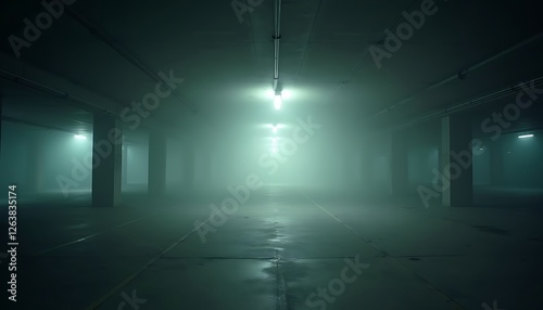 Mysterious encounter foggy underground parking lot cinematic scene eerie atmosphere low angle suspenseful setting
