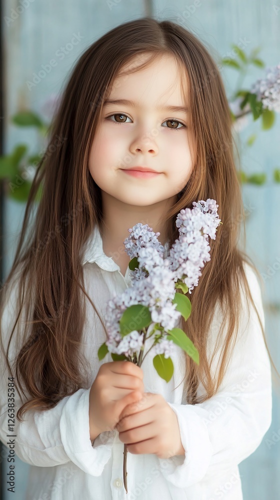 Girl holding lilacs, spring portrait, wooden background Girl holding lilacs, spring portrait, wooden background