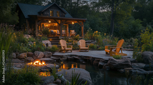 A lakeside cabin with a dockside garden, adirondack chairs overlooking the water, and a fire pit for cozy evenings under the stars.