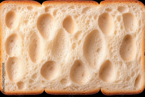 Soft white bread slice showcasing its airy texture and distinctive holes against a dark background photo