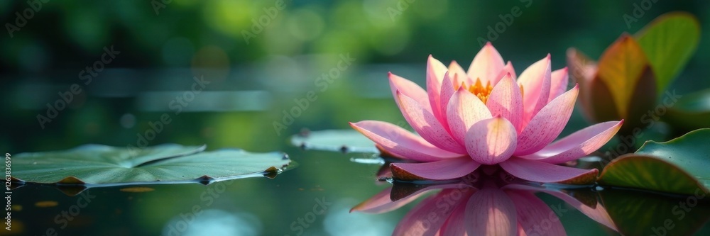 Delicate water lily flowers floating on the surface of a serene pond, calm, peaceful Delicate water lily flowers floating on the surface of a serene pond, calm, peaceful
