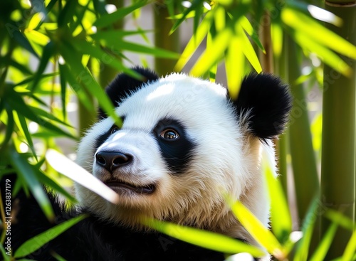 an image of a panda bear is sitting in the bamboo tree, there is a panda bear that is sitting in the bamboo tree photo