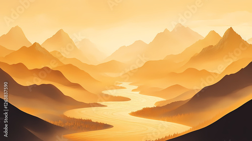 Serene mountain valley: shrouded in mist, a calm valley displays a winding river that glimmers like molten gold. Molten Gold Rivers. Illustration photo