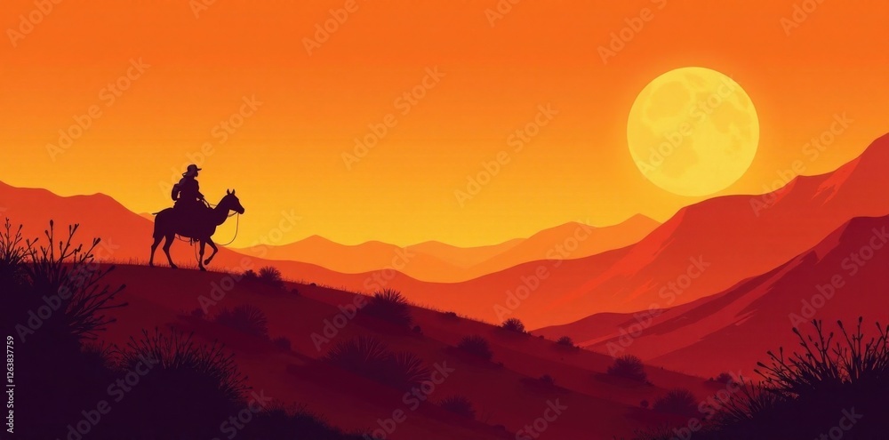 Fototapeta premium Desert landscape with a silhouetted hunter in the distance, silhouette, wildlife, outdoors