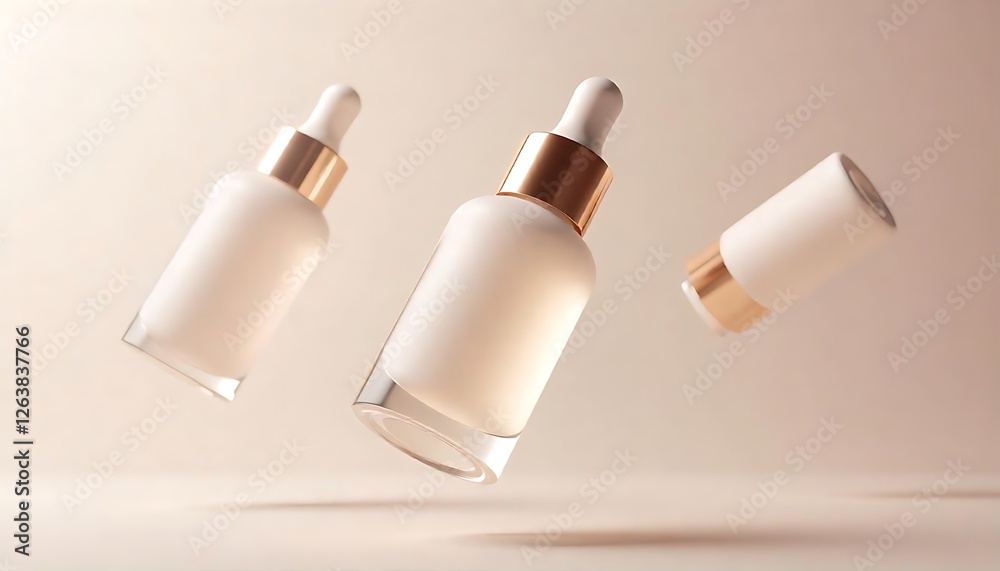 Fototapeta premium Minimalist product photography of floating serum bottles with elegant metallic caps
