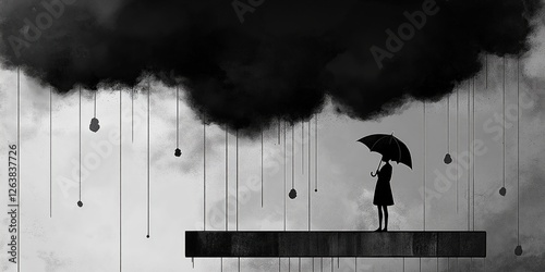 A striking black-and-white illustration captures a solitary figure, backlit by shadows, poised on a dark platform, holding an ebony umbrella. Their gaze trails off into the distance to the right, invi photo