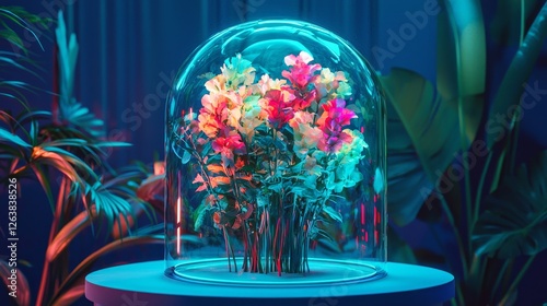 Neon-colored bouquet in a glass dome, glowing in the dark, futuristic display, cyber aesthetic