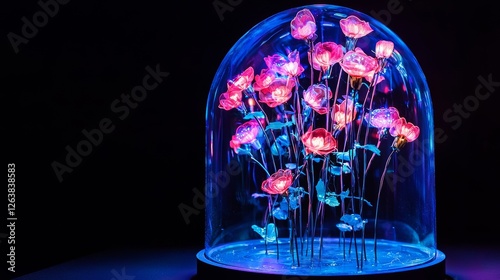 Neon-colored bouquet in a glass dome, glowing in the dark, futuristic display, cyber aesthetic